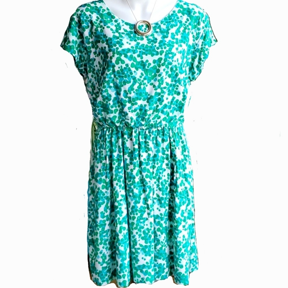 Gap White Turquoise Green Watercolor Abstract Elastic Waist Dress Size M